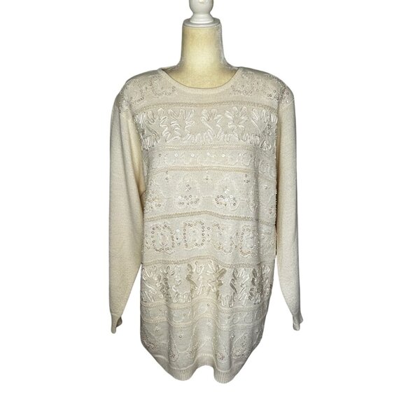 Vintage Alfred Dunner Cream Wool Blend Sequin Beaded Sweater Size Large - Picture 1 of 11